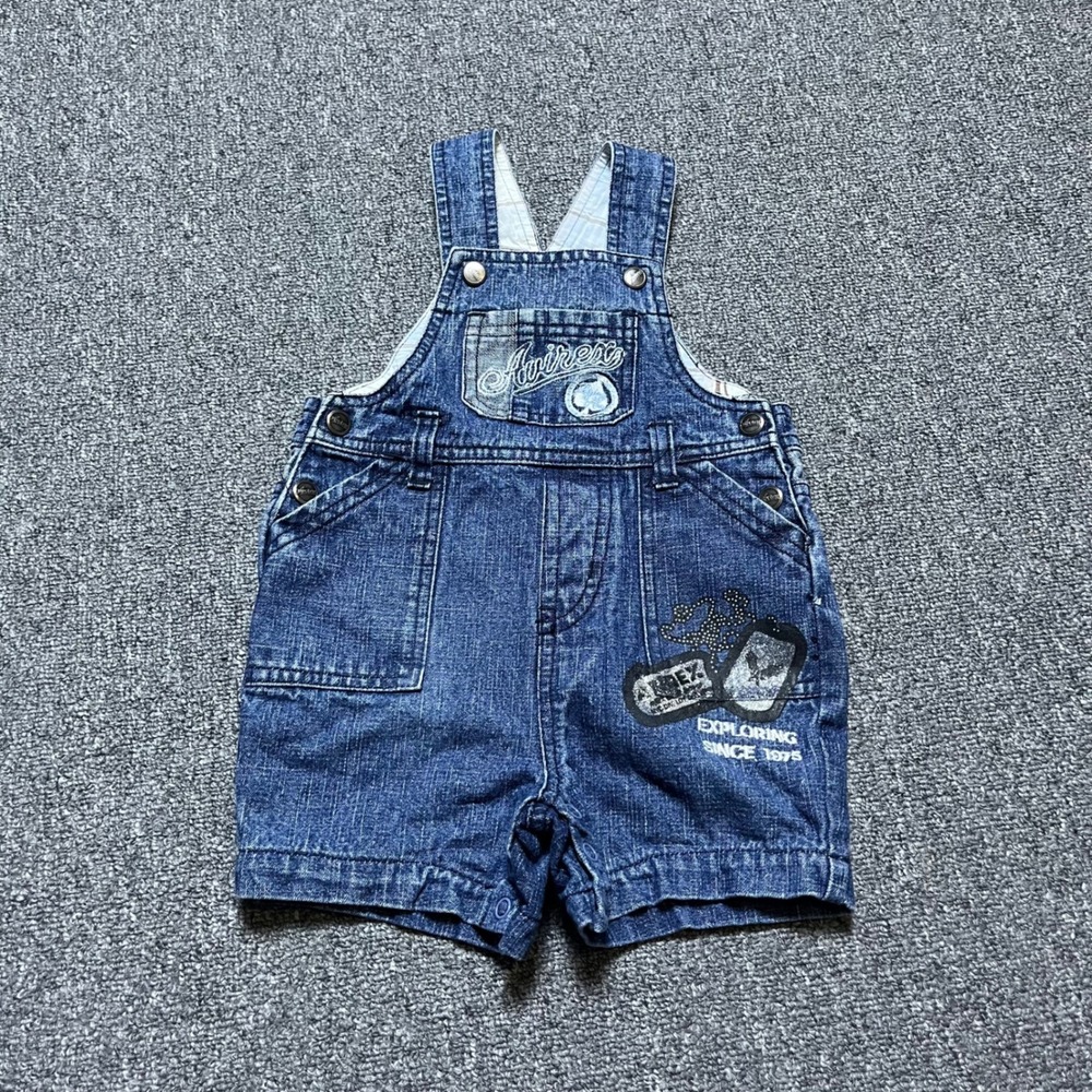 Y2K Avirex Denim Overalls 12M Blue‎ Graphic Shortalls Military Style Baby Boys